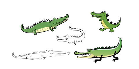 Naklejka premium Diverse Collection of Cartoon Alligators and Crocodiles in Various Poses, including colored and line art, isolated white background
