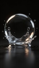 Clear water splash crown with droplets and ripples in dark background, dynamic fluid motion, refreshing and pure