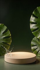 A light stone podium with a gentle water splash, framed by large tropical Monstera leaves in a serene green ambiance