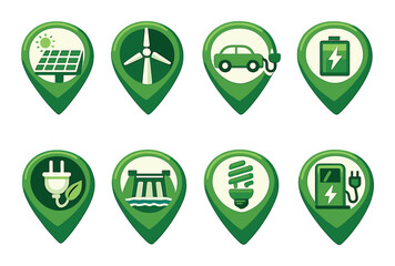 Renewable energy icons showing power and charging on green background