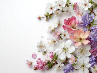 Elegant spring floral composition with white, pink and purple blossoms on a light background with copy space. Soft seasonal background for greeting cards, invitations and design projects.