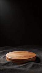 Wooden round platform on a dark, textured sand surface, creating a natural and minimalist display for product presentation or conceptual themes.