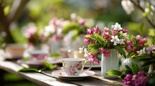 Charming spring tea party background with delicate setup surrounded by blooming pink and white flowers and lush greenery seasonal garden celebration floral styling with vintage