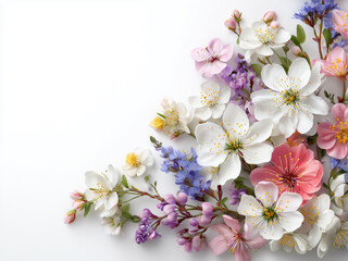 Elegant spring floral composition with white, pink and purple blossoms on a light background with copy space. Soft seasonal background for greeting cards, invitations and design projects.