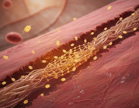 Nanotechnology repairing damaged biological tissue with golden nanites 3D render