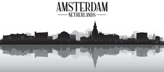 Obraz premium Black and white panoramic poster of the city skyline with misty background buildings and water reflection of AMSTERDAM, NETHERLANDS