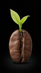 Powerful image of a roasted coffee bean sprouting a vibrant green shoot, symbolizing new life, growth, and the natural origin of coffee on a dark background.