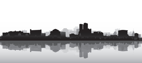 Obraz premium Black and white panoramic poster of the city skyline with misty background buildings and water reflection of ROTTERDAM, NETHERLANDS
