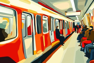Stylized Urban Subway Train Illustration with Commuters Waiting