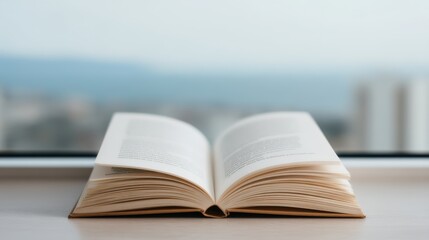 Trade policy impact, An open book lies on a flat surface with a blurred cityscape and ocean in the background, suggesting calm, study, or reading by the window.