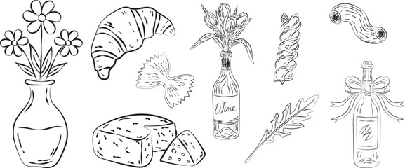 Hand Drawing style vector illustration set of party, Wine party of hand drawn line art design collection including of flower, wine ribbon, fruits and more illustration