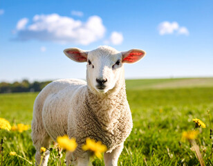 Obraz premium Cordero blanco en un campo en primavera con flores silvestres, concepto de inocencia, pureza y tradición cristiana de Pascua en un paisaje natural con cielo azul y nubes