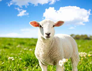 Cordero blanco en un campo en primavera con flores silvestres, concepto de inocencia, pureza y tradici&oacute;n cristiana de Pascua en un paisaje natural con cielo azul y nubes