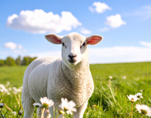 Obraz premium Cordero blanco en un campo en primavera con flores silvestres, concepto de inocencia, pureza y tradición cristiana de Pascua en un paisaje natural con cielo azul y nubes