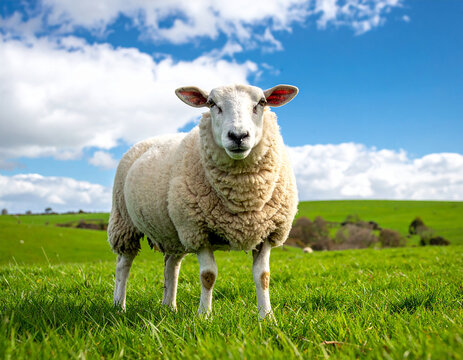 Cordero blanco en un campo en primavera con flores silvestres, concepto de inocencia, pureza y tradici&oacute;n cristiana de Pascua en un paisaje natural con cielo azul y nubes