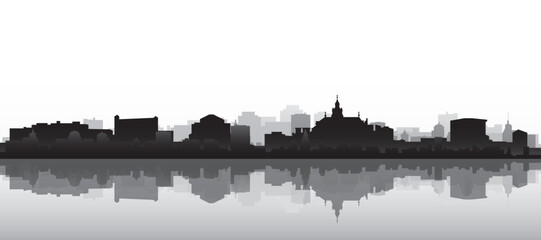 Fototapeta premium Black and white panoramic poster of the city skyline with misty background buildings and water reflection of KRAKOW, POLAND
