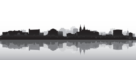 Obraz premium Black and white panoramic poster of the city skyline with misty background buildings and water reflection of BASEL, SWITZERLAND