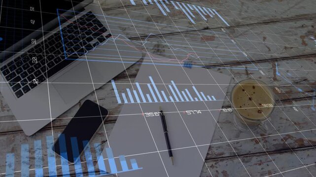 Grid appearing flatlay showing laptop phone note coffee sliding charts rotating gauge for analysis