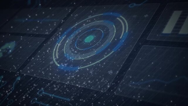 On system boot concentric HUD activating, rings rotating, blue arcs sweeping clockwise for scanning