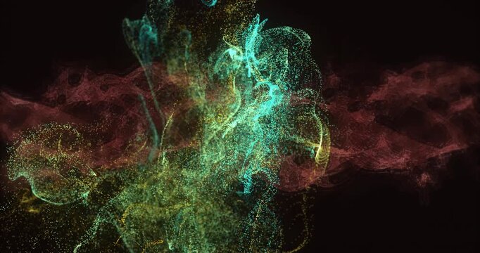 Lower emitter releasing teal-yellow plume, rising and swirling while red mist forming, adding depth