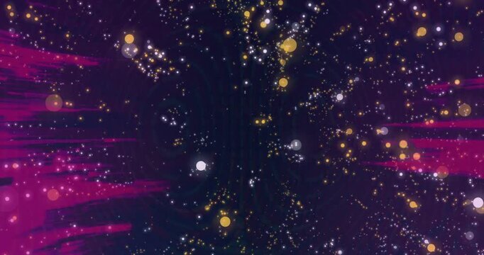 Core particle cluster reacting to center glow, forming radial layers as orbs drifting, giving depth