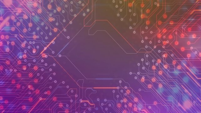Diagonal wash appearing circuit traces growing in and lighting nodes, central hexagon forming hub