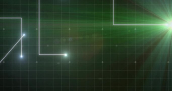Right flare emitting green beam starting nodes dropping, drawing circuit on grid displaying data