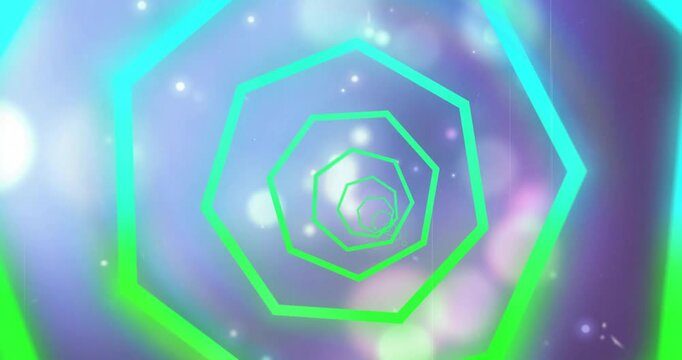 Frame opening sending octagons moving inward, rotating and pulsing neon cyan or green, creating dept
