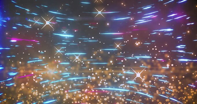 On start cyan streaks sweeping, golden bokeh drifting, star flares flashing, forming looped tunnel