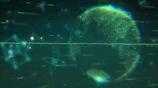 Data feed driving waveform, dots forming rotating globe, atom icons appearing, labels updating, HUD