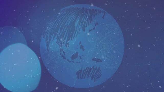 Turquoise disc forming stylized globe, continents rotating while nodes linking, showing network