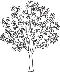 A simple black and white drawing of a flowering tree with a rounded crown.