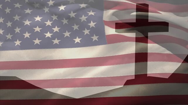 Soft wind starting American flag waving, folds growing and cross shifting opacity to show texture