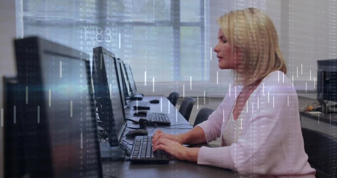 Woman typing at desk in computer lab, initiating animated light bars and numeric data for training