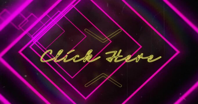 Faint cursive glowing causing Click Here neon appearing, magenta tunnel rotating, inviting click