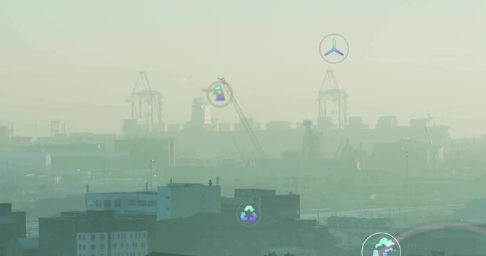 HUD overlay activating, port skyline receiving floating icons and code, visualizing eco data