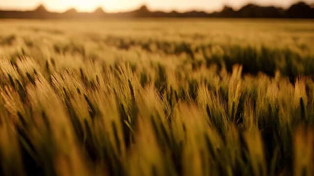Golden Wheat Field At Sunset, Closeup Of Swaying Grain In Warm Breeze, Shallow Depth Of Field, Sun Low On Horizon Casting Amber Glow, Cinematic Slow