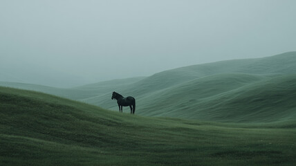 Black Horse Standing In Green Rolling Hills Landscape
