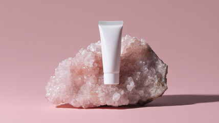 White Cosmetic Tube On Pink Crystal Background
