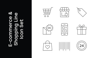 Fototapeta premium Clean and modern e-commerce line icon set featuring shopping cart, online store, price tag, gift box, barcode, mobile shopping, customer service and retail icons. Ideal for online shops, apps, website