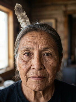Close-up do rosto de uma mulher indigena de 80 anos. com uma pena na cabe&ccedil;a