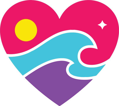 Colorful Heart Shaped Beach Wave Icon with Sun and Star for Summer and Travel Designs