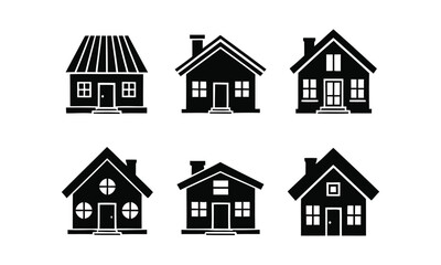 Fototapeta premium Four black and white house silhouettes with varied architectural styles and features