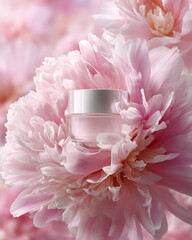 Pink Skincare Cream Jar On Peony Background
