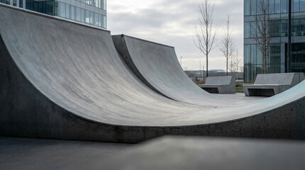 Outdoor concrete skatepark with smooth ramps and bowls, set against a backdrop of modern buildings and bare trees.
