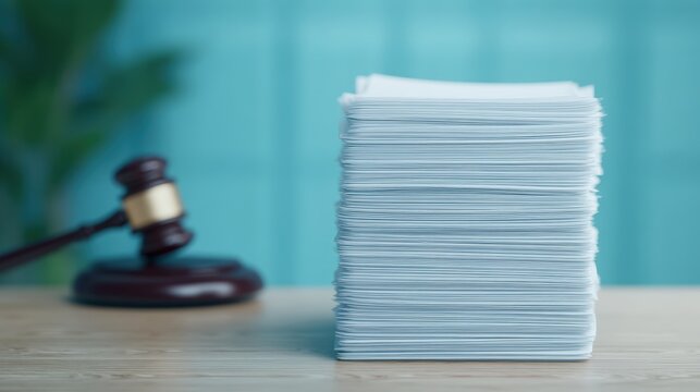 Trade policy impact, A large stack of documents beside a judge"s gavel on a wooden surface, symbolizing legal proceedings or court cases.