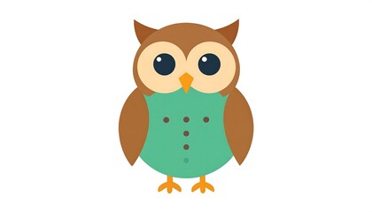 Obraz premium A simple cartoon depiction of a brown and turquoise owl with large eyes, a yellow beak, and a white background