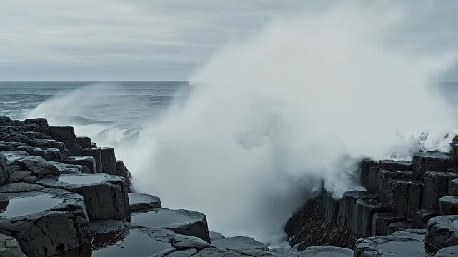 Stormy Basalt Cliffs With Crashing Waves, Powerful Swell Pounding Hexagonal Rock, Cold Overcast Sky, White Spray And Mist, Dramatic Impact And Coastal