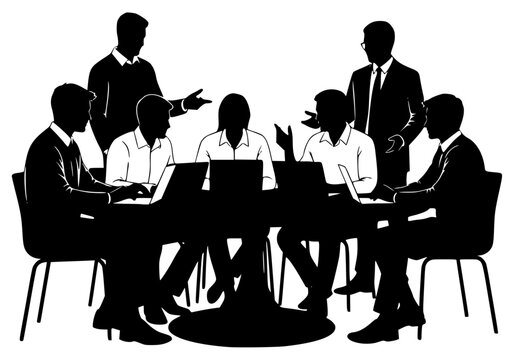 ble in a meeting, engaged in a discussion, business team, businessman, computer, illustration, job, laptop, man, meeting, person, profile, round table, sit, table, talk, against transparent background