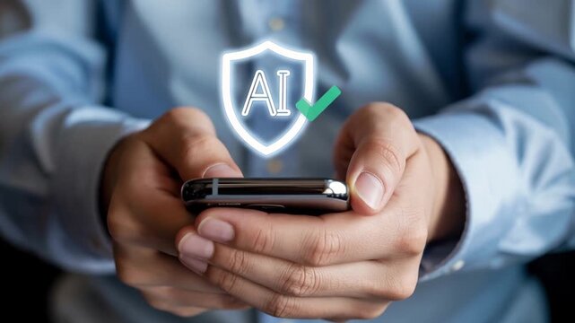 AI-Powered Security: A person's hands delicately cradle a smart device, superimposed with a digital shield showcasing AI technology, representing secure technological solutions.